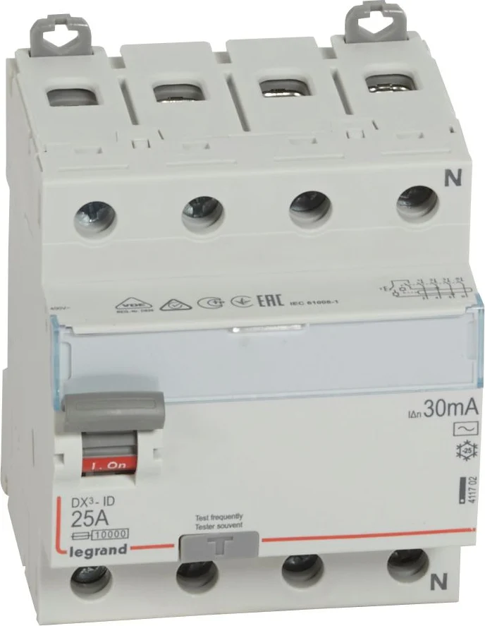 Legrand DX³-ID – 4P 400 V~ neutral right hand side – 25 A – 30 mA – AC type – 01 Electronics