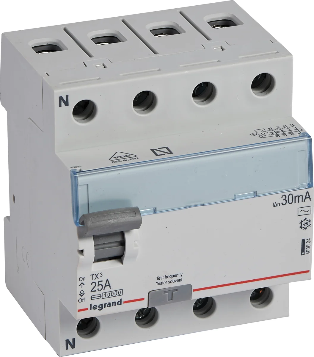 Legrand RCCB TX³ – 4P 400 V~ – 30 mA – 25 A – AC type – neutral on left-hand – no aux. – 01 Electronics